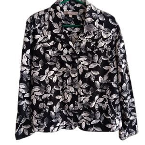 Croft & Barrow Shacket Blazer Women XL Linen Cotton Black White Button up Leaves